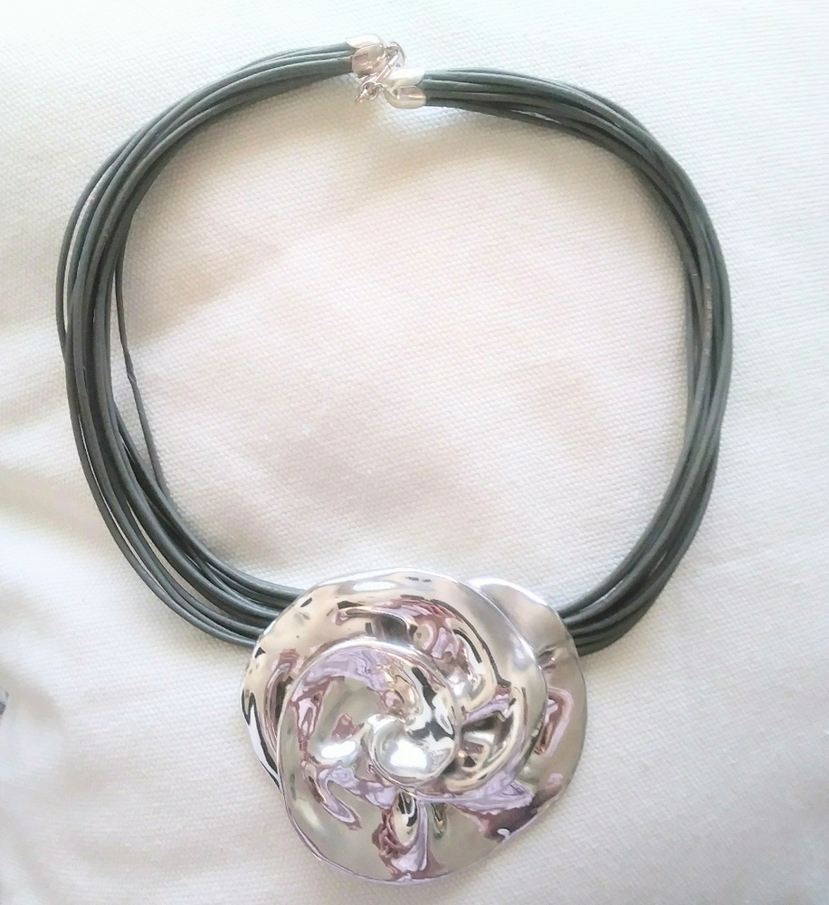 Sterling Silver Floral Pendant & Cord Necklace
